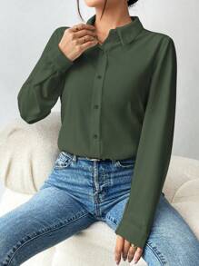 Selianne Ladies' Solid Color Simple Daily Long Sleeve Shirt,Long Sleeve Tops Fall Cloth For Women - Olive Green - View 5