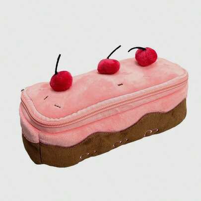 ROMWE Kawaii 1 pieza Estuche de lápices de peluche con diseño de tarta de cereza (posición de lunares al azar), útiles escolares, regreso a la escuela