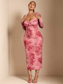 SHEIN BAE 大碼浪漫約會度假蕾絲復古花卉圖案印花網眼束腰中長貼身連衣裙 - 粉色 - 查看 6