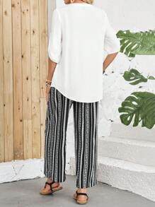 EMERY ROSE 女士夏季長袖襯衫和條紋褲套裝