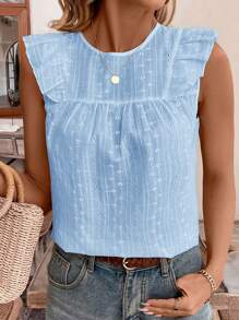 SHEIN Frenchy Áo kiểu nữ cổ tròn tay ngắn bồng bềnh dáng cánh bướm, thích hợp cho kỳ nghỉ hè và đám cưới, món đồ thiết yếu cho mùa hè. - Màu xanh nhạt - Xem 3