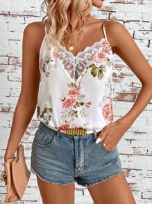 SHEIN Clasi Summer White Base Pink Floral Collar Lace Splicing Bodysuit Floral Bodysuit Country Concert Outfit Women Vintage Clothes Beach Women Outfits Summer Women Bodysuit  Casual Women Bodysuit
