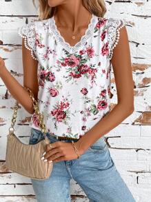 SHEIN Clasi Camiseta elegante y romántica de verano con cuello en V y encaje de contraste exquisito con ajuste delgado en base blanca y flores rojas