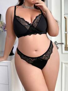 Set de lencería 2 piezas de sujetador con aros y pantie con encaje en contraste, tallas grandes