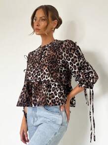SHEIN Essnce 女士夏季打結襯衫，帶蝴蝶結袖口，豹紋印花女裝短袖襯衫 - 彩色 - 查看 6