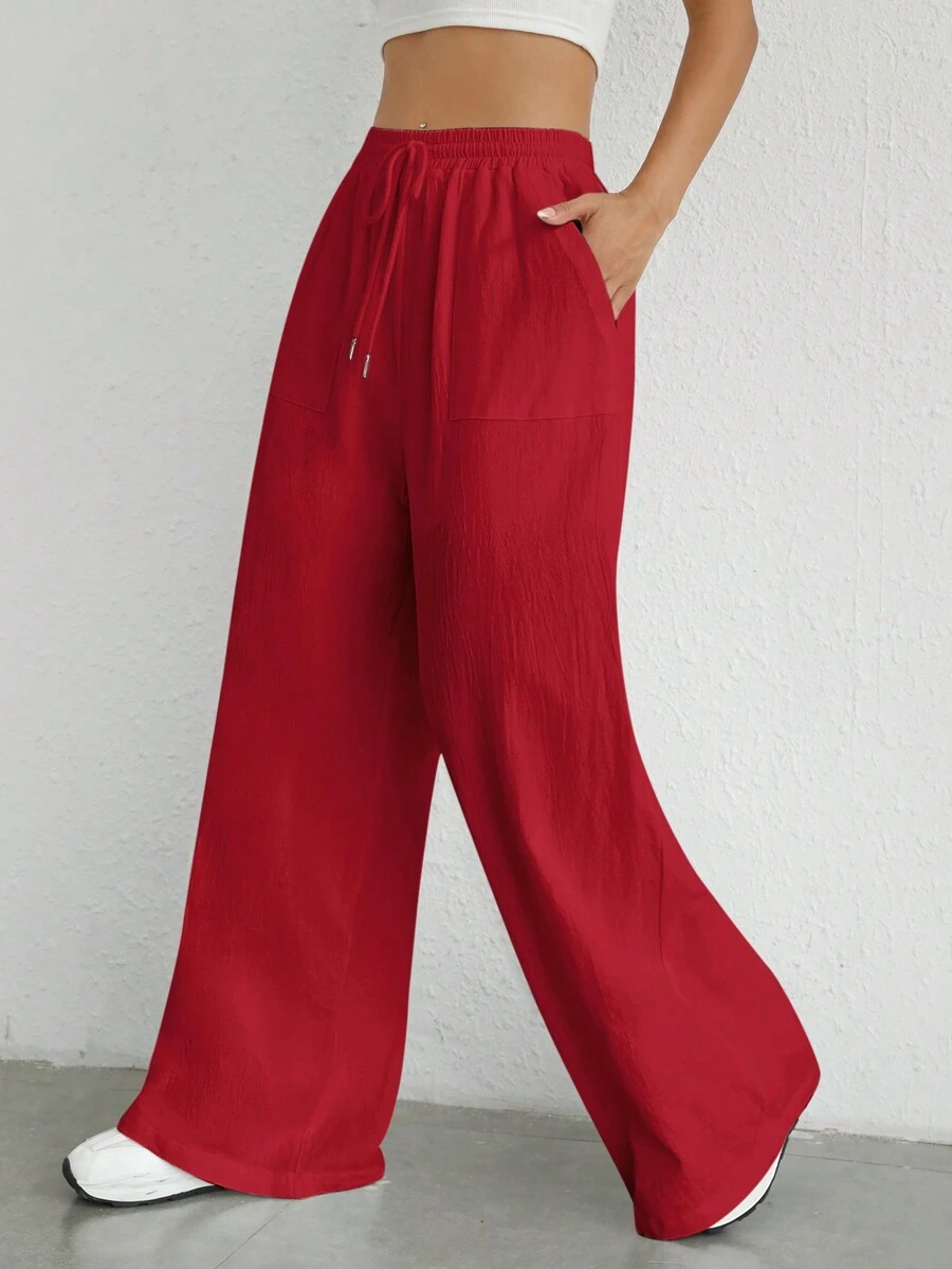 SHEIN EZwear Women's Simple Solid Color Woven Casual Pants For Daily Wear - Red - View 1