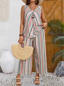 EMERY ROSE 大尺碼夏季假日條紋背心和長褲套裝