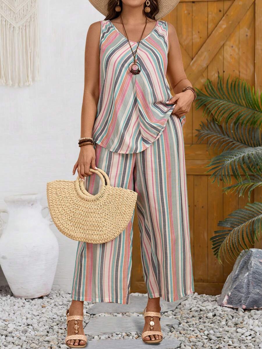 EMERY ROSE 大尺碼夏季假日條紋背心和長褲套裝