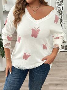 SHEIN LUNE Plus Size Knitted Sweater With Hollow Butterfly Pattern, Color Blocking, V-Neckline And Oblique-Shoulder Design, Can Be Worn Two Ways - Multicolor - View 2
