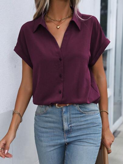 EMERY ROSE Camisa casual de mujer con manga de murciélago y un solo botón, de verano, con manga corta