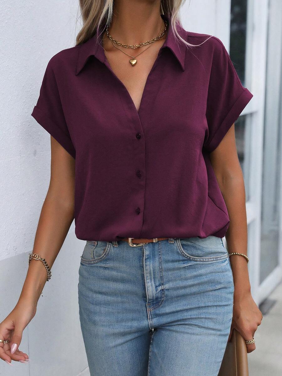 EMERY ROSE Women's Single-Button Batwing Sleeve Casual Shirt, Summer,Short Sleeve Tops