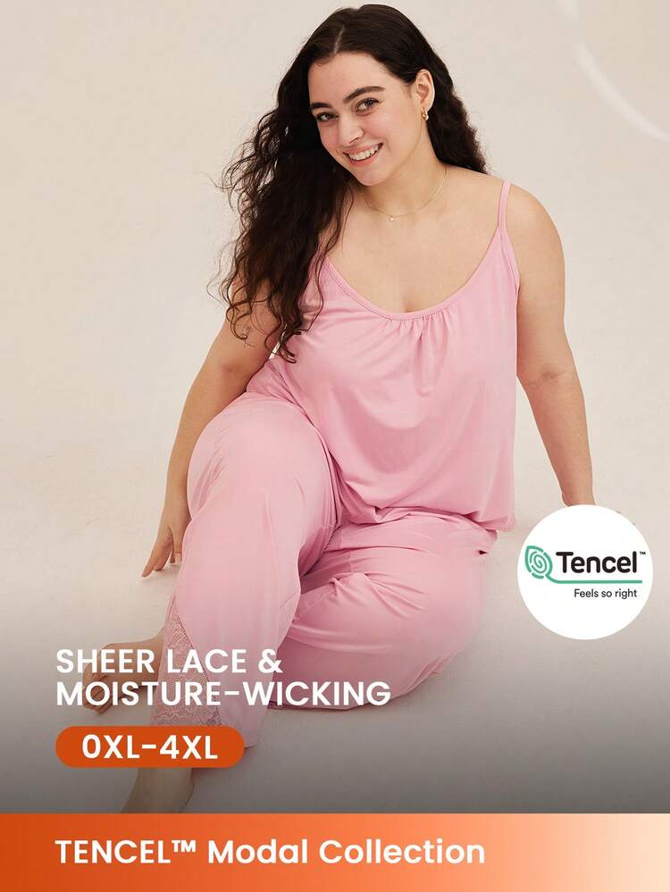 플러스 사이즈 여성 웨딩 필수품 슈퍼 소프트 TENCEL™ 모달 임산부 캐미 & 파자마 세트, 핑크 라운지 세트 란제리