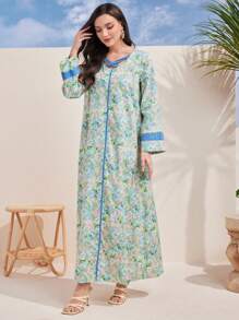 Al Najma فستان كفتان تركي مطبوع بالزهور والتقليدي العربي،، فستان عربي متواضع بأكمام طويلة بطراز عطلة