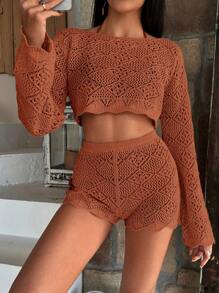 RueChic Hollow Out Cover Up Set - Orange - View 4