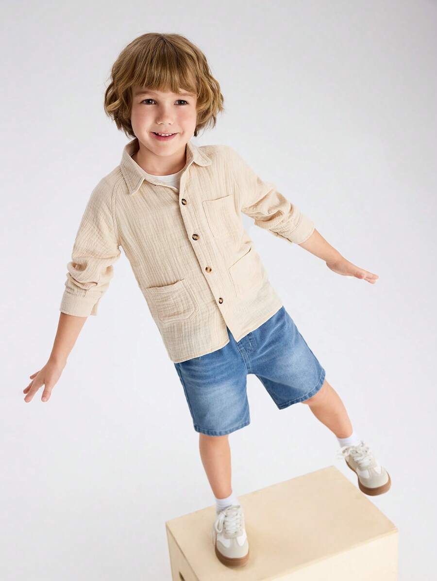 Young Boy Comfortable Casual Shirt + Heavy Wash Denim Shorts Outfit, 2pcs/Set - Beige - View 1