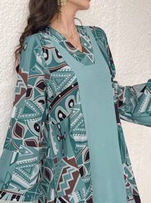 Seusyu 女式 V 领印花拼接休闲长袖阿拉伯朴素连衣裙