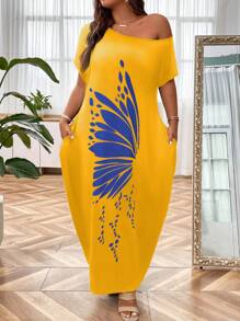 SHEIN LUNE 大尺碼不對稱肩蝴蝶印花斜口袋洋裝