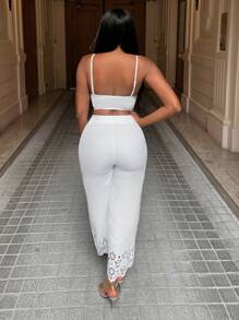 Slaydiva 度假細肩帶緊身背心和燒邊直筒褲套裝 - Z