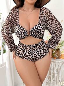Swim Vcay 2025 Plus Size Leopard Print Lantern Sleeve Hollow Out One-Piece Swimsuit Summer - Multicolor - View 4