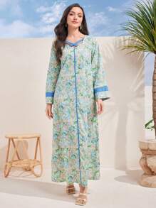 Al Najma فستان كفتان تركي مطبوع بالزهور والتقليدي العربي،، فستان عربي متواضع بأكمام طويلة بطراز عطلة