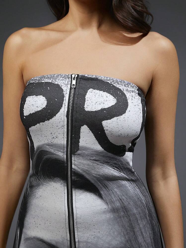 Graphic Zipper Slits Strapless Maxi Dress