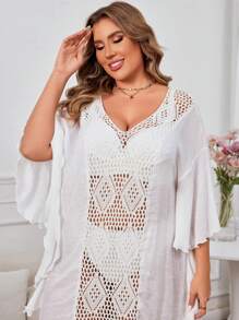 Plus Size Women's Summer Solid Color Crochet Patchwork Woven Shawl Dress - White - View 5