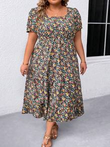 SHEIN CURVE+ Plus Size Women's Summer Casual Daily Dress, Random Print And Simple Style Women Outfit
