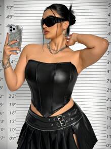 SHEIN ICON 大尺碼夏季時尚PU皮無肩帶上衣 - 黑色 - 查看 2