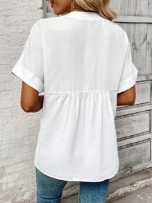 SHEIN LUNE Women's Summer Casual Solid Color Notched Neck Batwing Sleeve Shirt