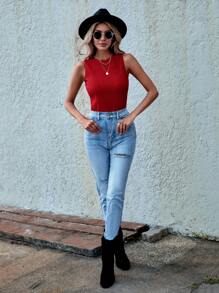 SHEIN LUNE Camiseta de tirantes casual de cuello redondo en unicolor para mujer en verano