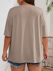 INAWLY Plus Size Women's Loose Fit Flower Print Round Neck Drop Shoulder Short Sleeve Casual Tee, Summer, Graphic T-Shirt Graphic Tees Women Tops - Khaki - View 2