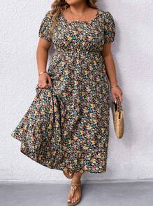 SHEIN CURVE+ Plus Size Women's Summer Casual Daily Dress, Random Print And Simple Style Women Outfit