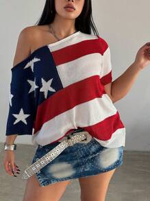POPSWAY Plus Size Spring/Summer Fashionable Color-Block Asymmetrical Collar American Flag Pattern Batwing Sleeve Knitted Top