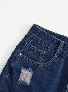 SHEIN EZwear Quần short denim sờn & sờn thời trang dành cho nữ - Rửa tối - Xem 3