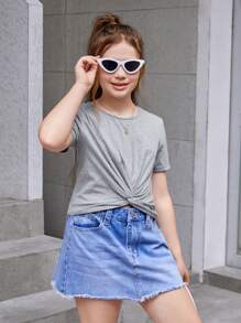 SHEIN Tween Girls Extended Size Casual Solid Color Round Neck Twist Knot Multipack Tops