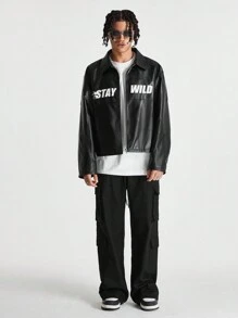 Manfinity RebelGame Men's Leather Printed English Pattern Jacket, For Fall Winter - Black - View 6