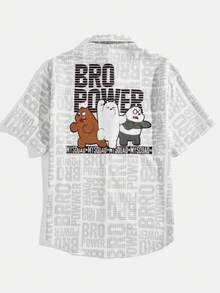 We Bare Bears X SHEIN 男女通用 1 件休闲卡通字母印花短袖衬衫，夏季 - 黑與白 - 查看 5
