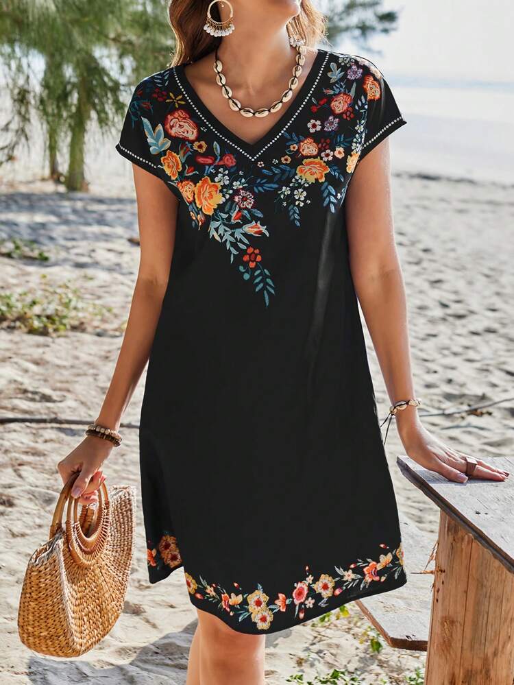 Vestido Feminino de Manga Curta com Estampa de Colarinho Azul, Férias na Ilha de Verão