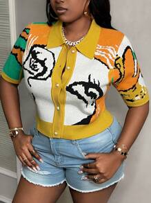 Slaydiva Plus Women Summer Short Sleeve Single-Breasted Slim Crop Cardigan With Abstract Face Pattern In Fall/Winter