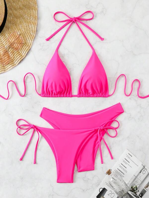 Swim Vcay 3pcs Women Solid Color Beachwear Set Halter Neck Sexy Bikini Separates, Summer Beach