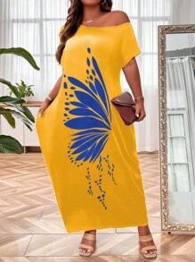 SHEIN LUNE 大尺碼不對稱肩蝴蝶印花斜口袋洋裝