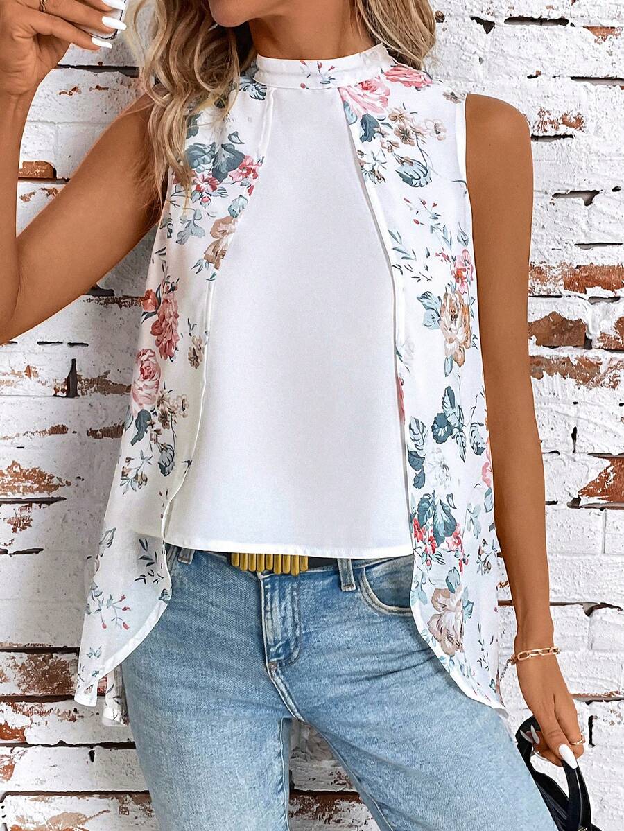 SHEIN Clasi Camisa de mujer elegante y romántica con cuello alto, bajo asimétrico, estampado floral y textura de rayas blancas en gasa, adecuada para uso diario, compras, citas y viajes. Camisa blanca, camisa floral, tops de estilo country, camisas de mujer para maestras y trabajo - Blanco - Ver 1