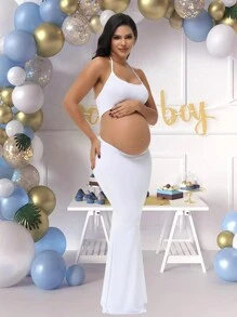 Maternity Solid Cut Out Waist Open Back Halter Photoshoot Bodycon Dress For Baby Shower - White - View 5