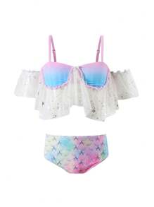 Young Girl Mermaid Texture Bikini Set, Vacation Style - Multicolor - View 4