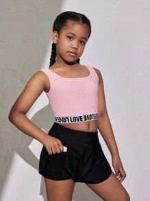 SHEIN Tween Girl Casual Solid Color Simple Letter Printed Tank Top And Pants Two-Piece Athletic Outfit