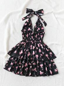 Soleia 夏季領掛式綁帶收縮腰層疊荷葉邊連衣裙 - 彩色 - 查看 2