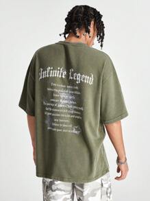 Manfinity VCAY Camiseta de manga corta de punto holgado con estampado lavado con ácido y diseño en inglés, adecuada para el estilo callejero estadounidense, verano - Negro - Ver 3