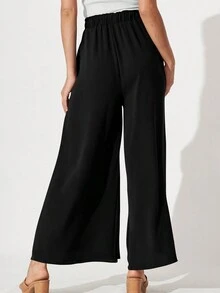 女士夏季休閒純色百褶闊腿褲 - 黑色 - 查看 2