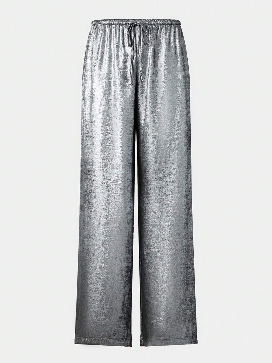 Women's Casual Solid Color Drawstring Waist Straight Leg Pants - Silver - View 1