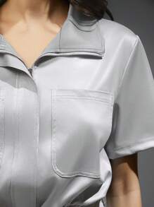 Hauture Solid Belted PU Leather Shirt Jumpsuit With Short Sleeve, For Summer Commute